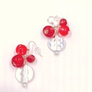 NWT - Charming Charlie - Coral Glass Beaded Disk Dangle Silver Tone Earrings